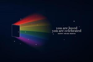 You are Loved. You are Celebrated. Happy Pride Month Greeting Banner. Rays of the rainbow flag shining through an open door. Colorful pride flag colors glowing from the outline of a door frame. vector