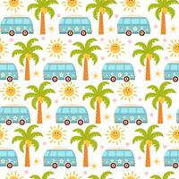Seamless summer pattern with car or bus, palm tree and sun. background vector