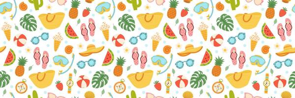 Cute summer beach elements. Vacation accessories for sea holidays. Cartoon seamless pattern vector