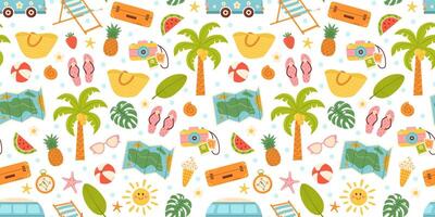 Cute summer beach elements. Vacation accessories for sea holidays. Hand drawn seamless pattern vector