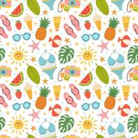 Cute summer beach elements. Vacation accessories for sea holidays. Hand drawn cartoon seamless pattern vector