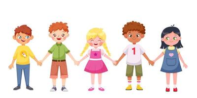 cinco niños de diferente Razas y siglos sostener manos. dibujos animados ilustración de infancia en blanco antecedentes vector