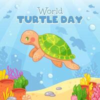 World Turtle Day Greeting Card. Cartoon turtle on the background of the bottom of the sea with coral reefs and sand. illustration vector