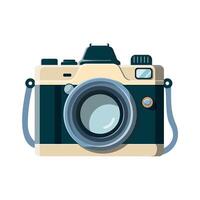 Retro camera in flat style. Old camera with strap. Cartoon illustration. Vintage Camera image. Isolated on white background vector