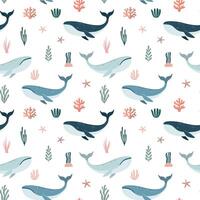 Whales seamless pattern. Cartoon style illustration. Perfect for invitations, greeting cards, wrapping paper, posters, fabric print. vector