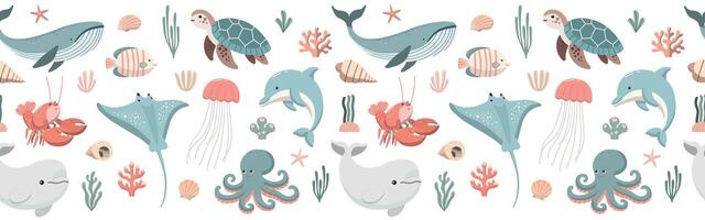 Childish seamless border pattern with underwater animals, corals and seaweed. Perfect for kids fabric, wallpaper, wrapping paper. Isolated on white background vector