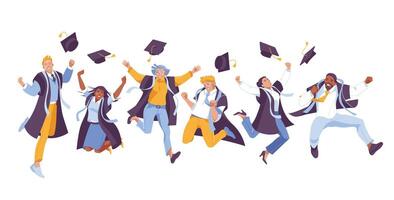 un grupo de graduado estudiantes saltar juntos. felicidad. diploma. plano ilustración vector