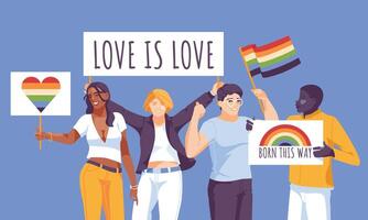 LGBT Pride Day. Diversity of people at demonstrations with rainbow flags. Activists together. flat illustration vector