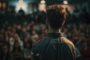 a man is making a presentation to the audience photo