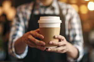 Barista serving coffee in takeaway paper disposable cups to client in coffee shop photo