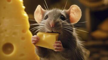 a mouse with a piece of cheese in it's hand and a piece of cheese in the other hand. photo