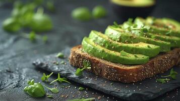 A Close-Up Shot Capturing the Delightful and Beautifully Plated Vegan Avocado Toast, Showcasing its Appetizing Details. photo