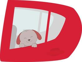 Little dog in red car in cartoon style. Cute puppy in car template vector