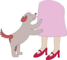 linda perrito cerca mujer piernas en dibujos animados estilo. perro adopción modelo en dibujos animados estilo vector