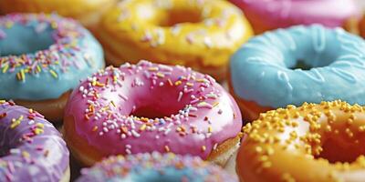 un de cerca ver de rosquillas presentando multicolor esmaltes, exhibiendo el tentador y vibrante formación de sabores foto