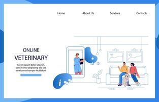 Veterinary consultation online website banner mockup with pets owners and veterinarian doctor on screen of mobile phone. Landing page for vet clinic online advice app. vector