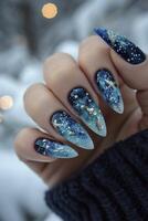 Nail Art Inspired by Meteor and Nebula, Featuring Quantum Wave Tracking Elements. The Design Radiates Luxury with Sparkling Glitter Accents. photo