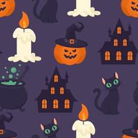 Halloween seamless pattern. Pumpkin, cat, candle, castle. vector