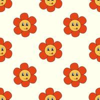 Retro Seamless Pattern 70s 60s 80s Hippie Groovy cute Red Flower show tongue. Smiling face. Flower power. flat illustration. vector