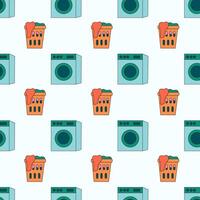 Seamless Pattern with Laundry Tools Elements. Washing machine, laundry basket with clothes. Flat illustration. vector