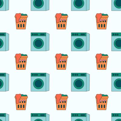 Seamless Pattern with Laundry Tools Elements. Washing machine, laundry basket with clothes. Flat illustration.