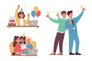 personas celebrando un cumpleaños o otro fiesta en el oficina. alegre hombres y mujer a trabajar, a su escritorio. conjunto de aislado plano ilustraciones. vector