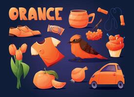 A set of isolated orange elements for children to study colors. Children's book or textbook for preschoolers. Collection of cartoon elements. vector