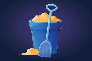 A bucket filled with sand and a children's shovel. Toy set with a digging scoop. isolated cartoon illustration. vector