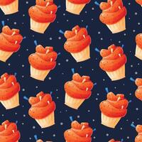 Sweet sponge orange cupcake, baked sweetness. seamless cartoon pattern. vector