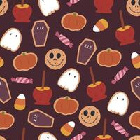 Halloween candy seamless pattern on dark background. Cute hand drawn sweets for trick or treating. Cookies in shape of pumpkin, ghost and coffin. Caramel apple and candy corn. vector