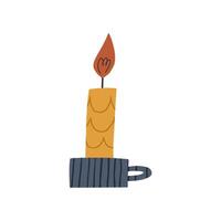 Hand drawn candle in candle holder, cartoon flat illustration isolated on white background. Cute home decor element. Cozy candle drawing. vector