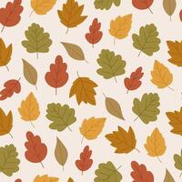 Autumn leaves seamless pattern in flat style, on beige background. Hand drawn autumn botany. Cozy fall pattern. Concepts of nature and foliage. vector