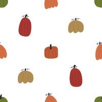 Cute hand drawn pumpkins, seamless pattern on white background. Cozy autumn background. Simple naive art style. vector