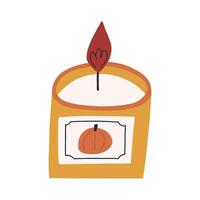 Cute pumpkin scented candle, cartoon flat illustration isolated on white background. Hand drawn autumn candle. Home decor element. vector