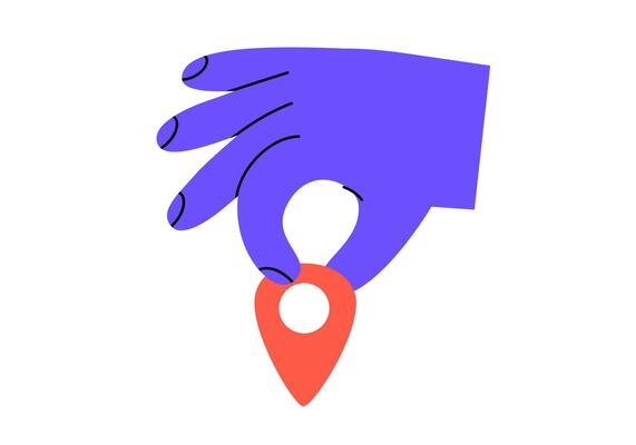 Hand drawn cute illustration hand with location pin or navigation mark. Flat arm holding landmark for map sticker in doodle style. Gps pointer icon. Delivery service. Strategy choice. Isolated