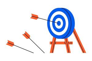 Hand drawn cute illustration of arrow hit center of target. Flat hit the bull's eye in doodle. Successful strategy icon. Goal achievement. Find problem solution. Unsuccessful attempts. Isolated vector