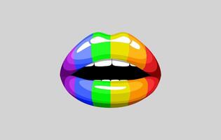 Rainbow pride day lips, bites LGBT lip for print shop. Sensual melting lips with rainbow lipstick. Pride month woman lips. Paint drops. coming out, free love, flag, support.titled vector