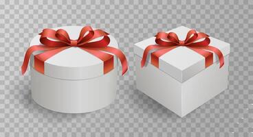 realista regalo caja rojo satín arco, aislado en antecedentes. presentación caja, atado con envase cinta. contento nuevo año, alegre Navidad o cumpleaños. vector
