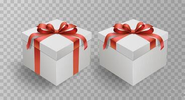 realista regalo caja rojo satín arco, aislado en antecedentes. presentación caja, atado con envase cinta. contento nuevo año, alegre Navidad o cumpleaños. vector