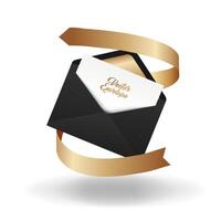 sobre. abierto negro sobre con invitación tarjeta y oro cinta. matrimonio invitación tarjeta diseño. realista mochila sobre. vector
