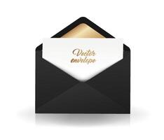 envelope. Open black envelope with invitation card. Marriage invitation card design. Realistic backpack envelope. vector