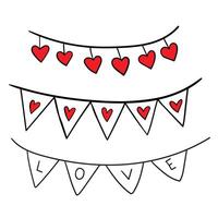 Happy Valentine's Day. Hand drawing illustration doodle style. Set of banners flags with hearts and the inscription love. vector