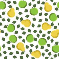 Seamless pattern with pear, apple and leaves on a white background. vector