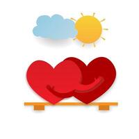 A cute illustration with two hearts hugging on a bench and the sun with a cloud on white background. vector