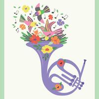 Spring illustration with a French horn with a nest, birds, snowflakes, notes, flowers. Green, pink colours. For postcards, concert invitations, banners, posters vector
