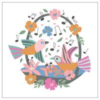 Illustration of a basket, birds and flowers and notes. vector