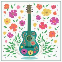 Artistic illustration with a six-string blue guitar on a spring background with leaves and flowers. vector
