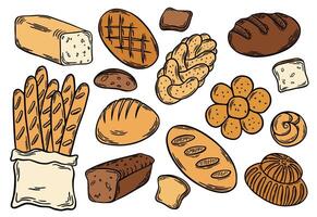 Different types of bread flat coloured outline. Bread engraving, line art illustration. Wheat products, baked goods, bakery, pastry vector
