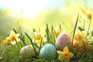 Colorful easter eggs in grass with happy easter background photo