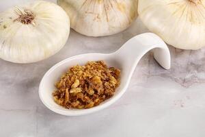 Dried roasted onion flakes for culinary photo